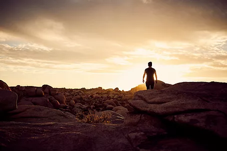 Guy standing on rocks looking towards sunset